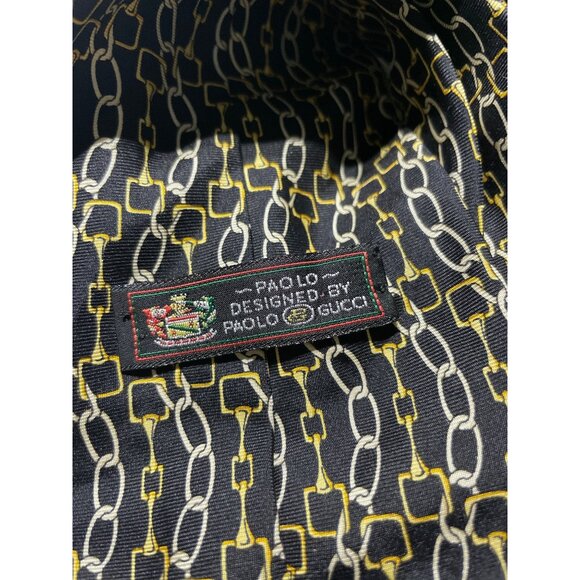 Vintage Tie 100% Silk Designed by PAOLO GUCCI Made in Italy Yellow Chain Link On - Picture 3 of 4